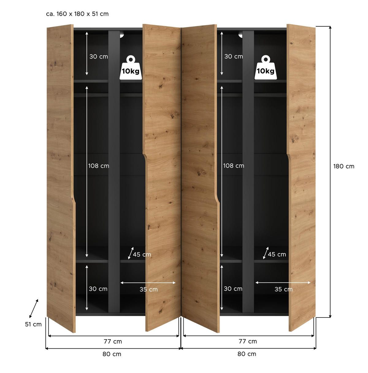 KLEIDERSCHRANKKOMBINATION ANGA (B/H/T: ca. 160/180/51 cm) in anthrazit/Artisan Eiche Nachbildung - Anthrazit, Holzwerkstoff (160/180/51cm)