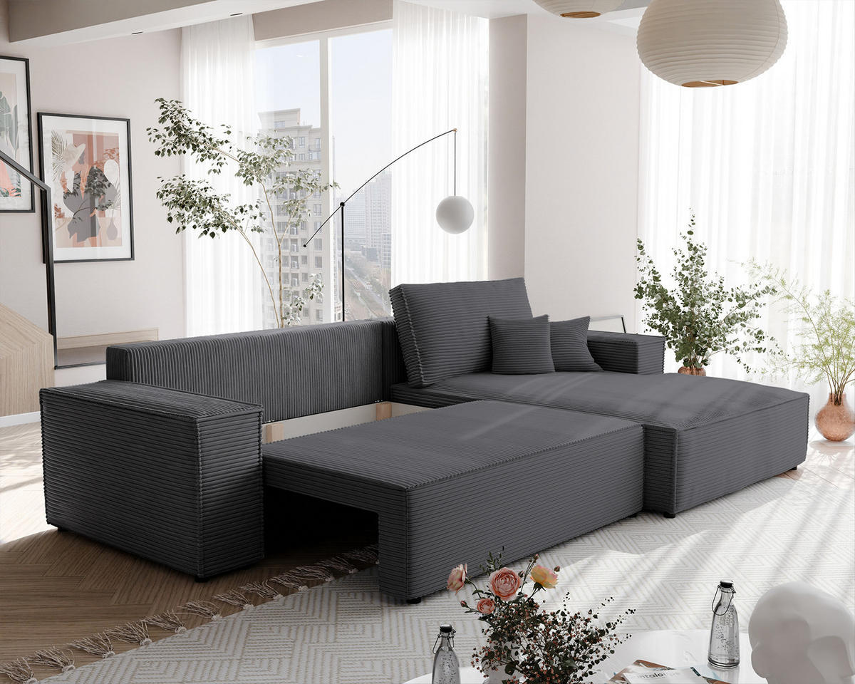 ECKSOFA NOVA mit Schlaffunktion und Bettkasten Dunkelgrau - Dunkelgrau, Holzwerkstoff/Kunststoff (250/90cm) - Idohome