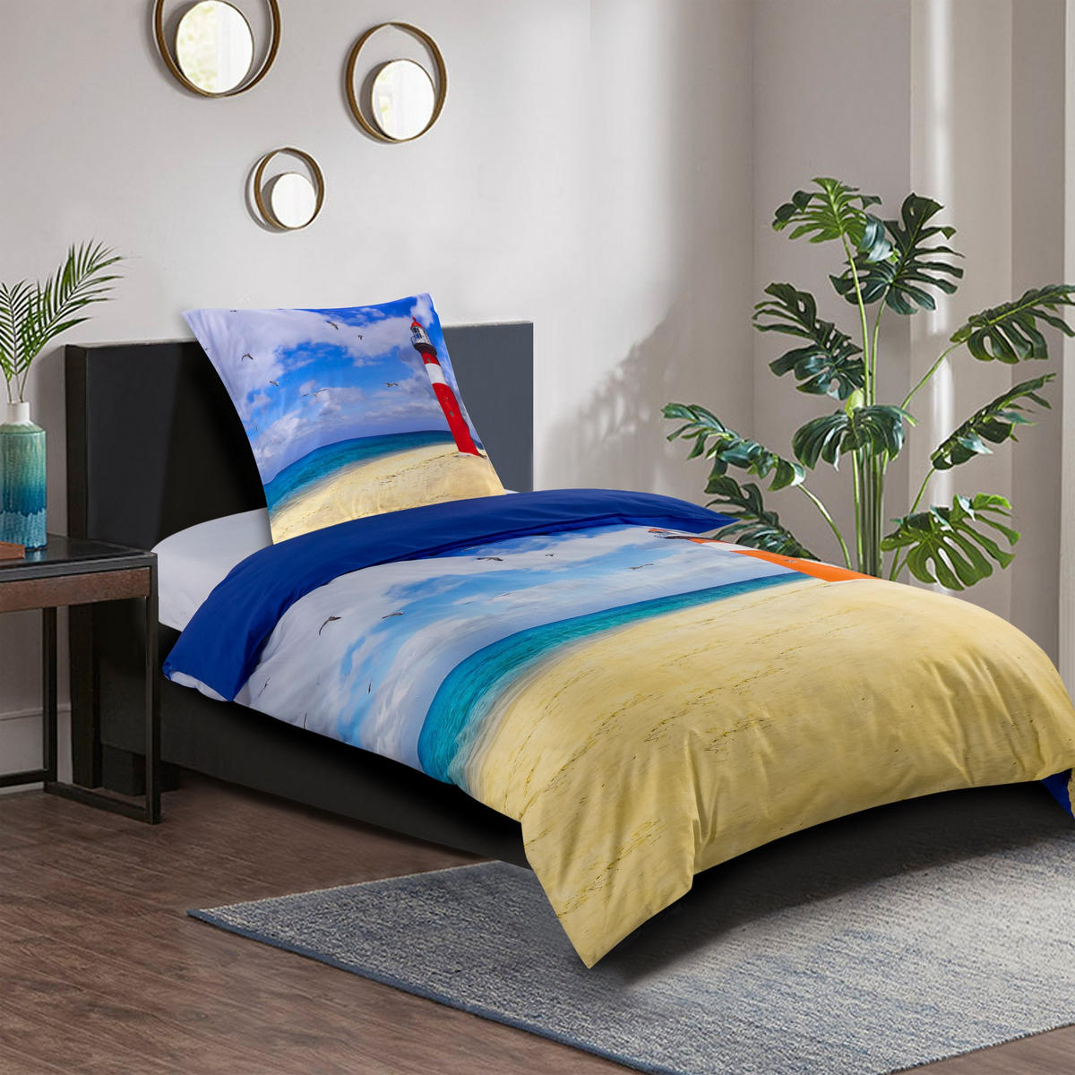 BETTWÄSCHE 4-teilig Leuchtturm - Blau, Naturmaterialien (135/200cm) - Sanilo