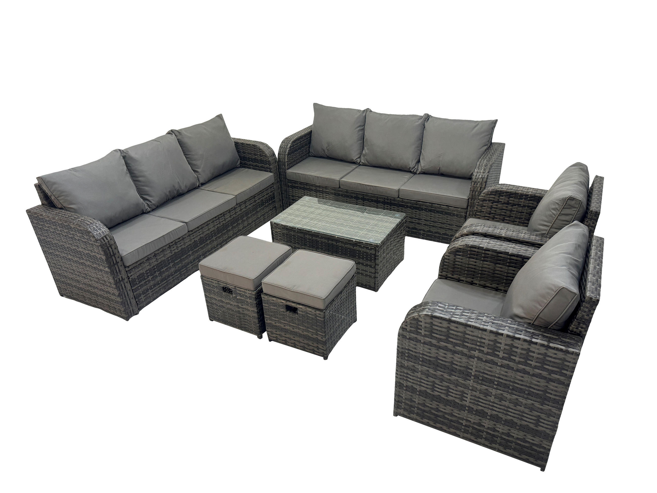 GARTENMÖBEL-SET mit Kissen Polyrattan Dunkelgrau 10-Sitzer - Dunkelgrau/Grau, Glas/Kunststoff - Fimous
