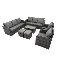 GARTENMÖBEL-SET mit Kissen Polyrattan Dunkelgrau 10-Sitzer - Dunkelgrau/Grau, Glas/Kunststoff - Fimous