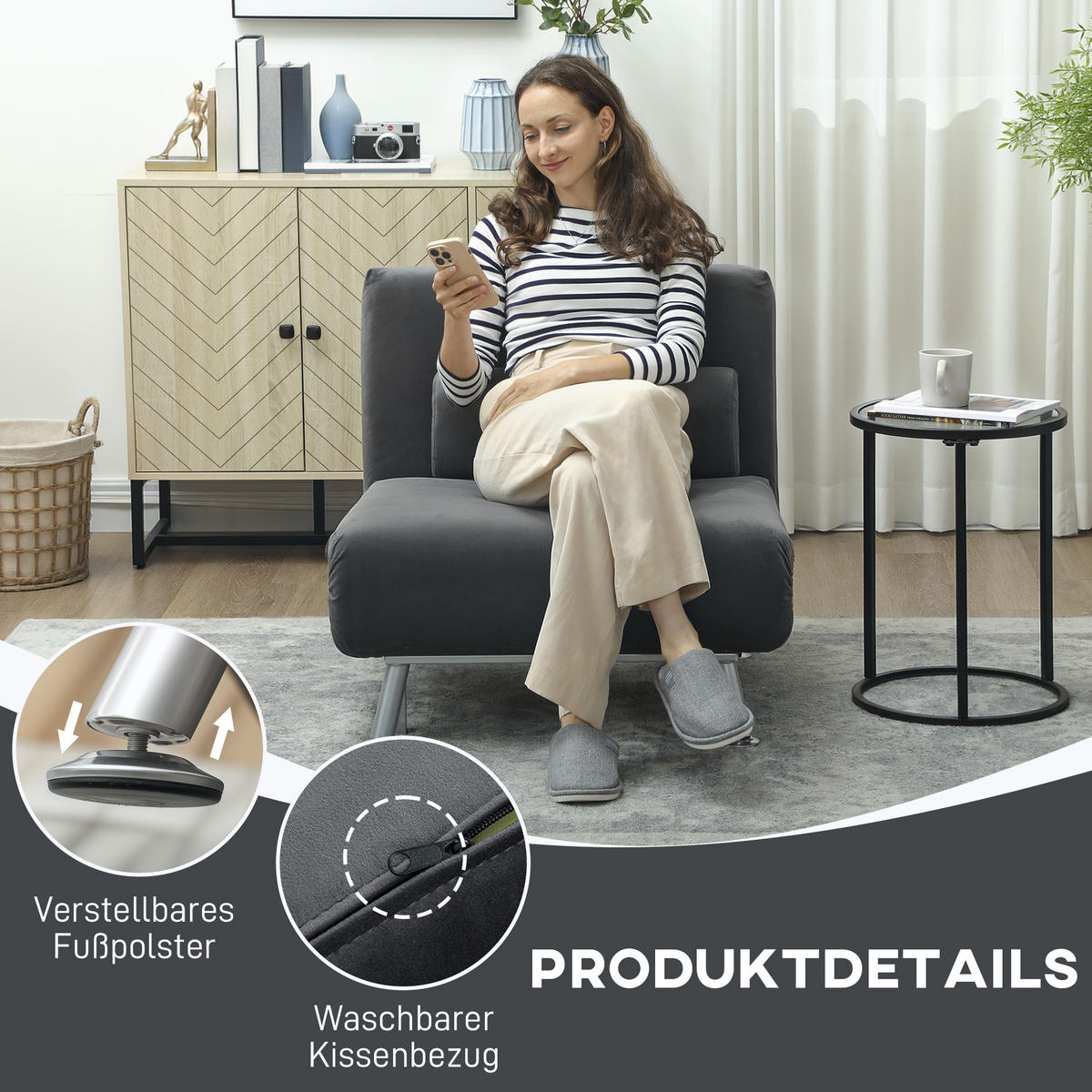 KLAPPBAR Schlafsessel Schlafsofa Klappmatratze Bett Gästebett Dunkelgrau - Dunkelgrau/Silberfarben, Textil/Metall (70/75/75cm) - HOMCOM