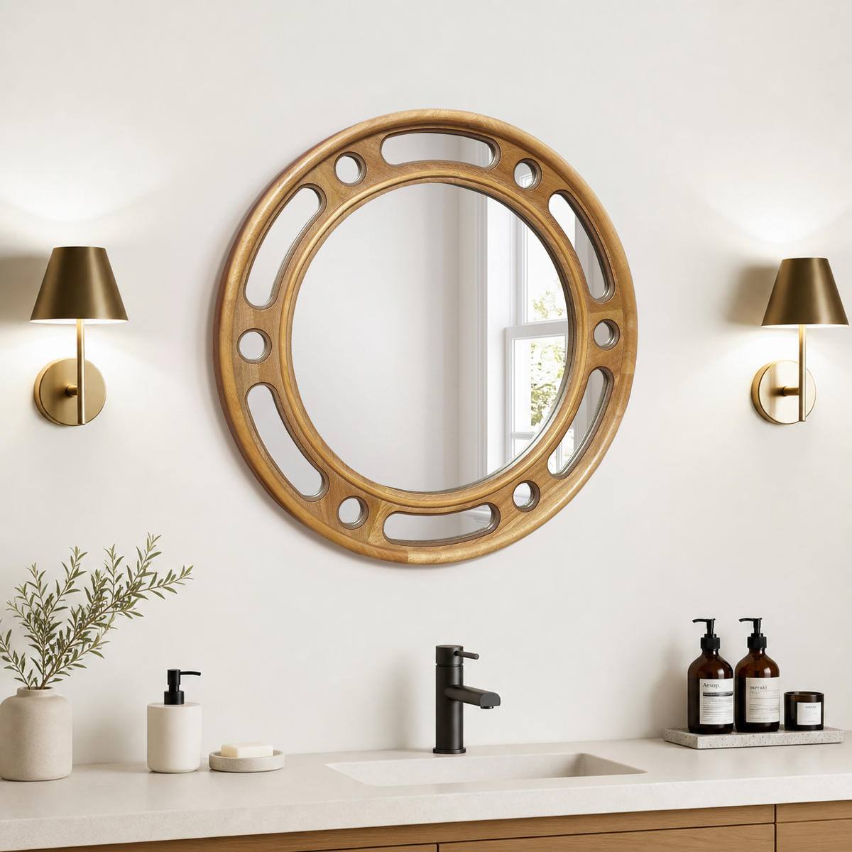 RUNDER Gummiholz Spiegel Natur Ø60×H60cm für Flur Bad Wohnzimmer - Erlefarben, Naturmaterialien (3.5/60/60cm) - Hometopia
