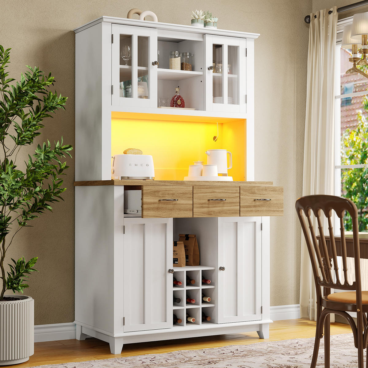 KÜCHENBUFFET 106/40/179,5 cm weiß aus MDF mit LED-Beleuchtung - Weiß, Holzwerkstoff (106/179.5/40cm) - OKWISH