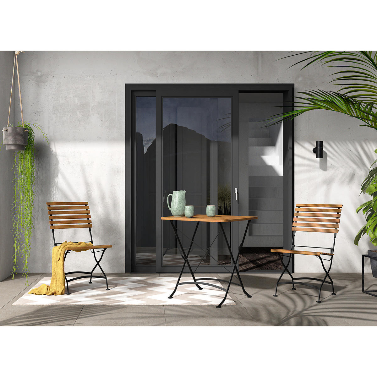 GARTENESSGRUPPE - Akazie massiv / Stahl - Akazie / Schwarz - 3-teilig - Schwarz/Akaziefarben, Holz/Metall - home24