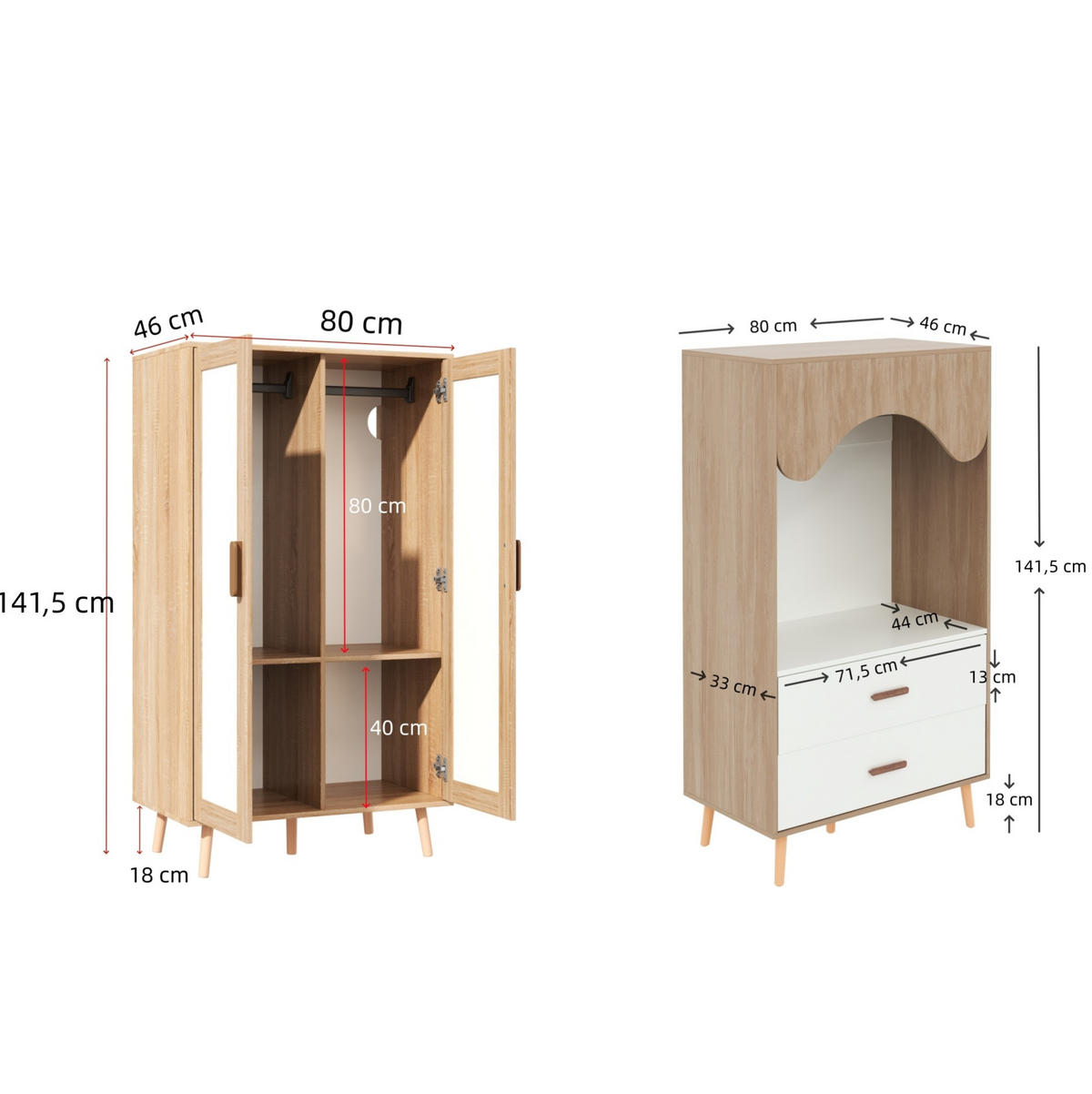 KLEIDERSCHRANK aus MDF 160x46x141,5 cm Natur/Weiß mit Kleiderstange und 2 Schubladen, flexible Aufbewahrung - Naturfarben, Holzwerkstoff (160/141.5/46cm) - Modfu