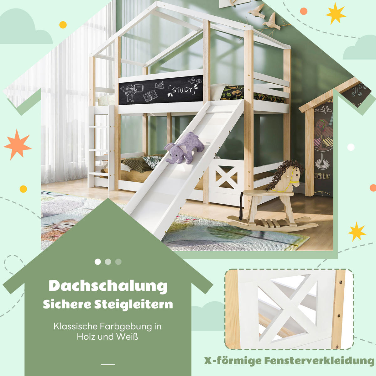 HAUSBETT 90/200 cm in Weiß mit Rutsche, Leiter und Tafel - Weiß, Holz (90/200cm) - Flora Grace