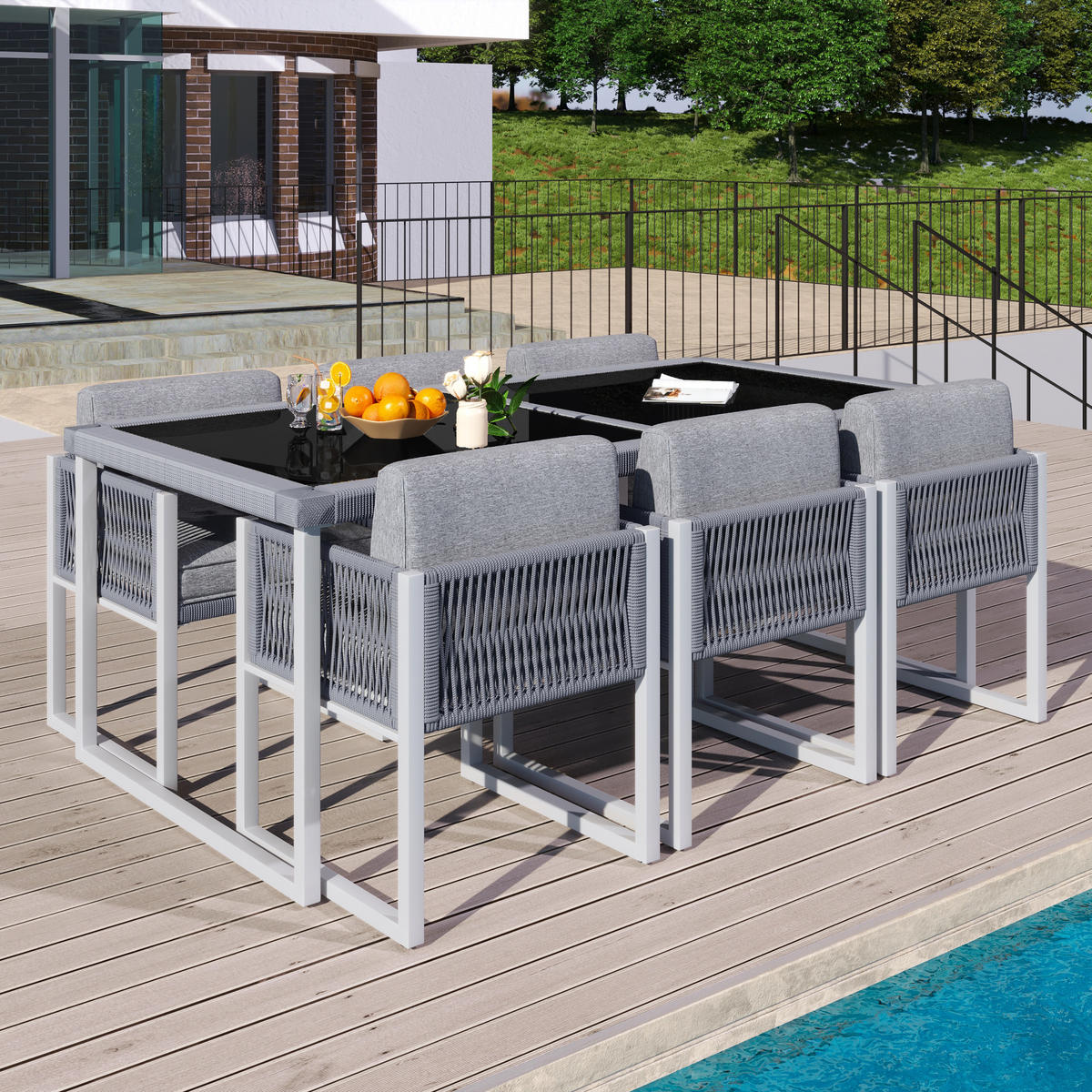 GARTENLOUNGE-SET Garten-Essgruppe 6 personen Outdoor Gartenmöbel,abnehmbarer Bezug - Weiß/Grau, Glas/Textil - STILVORA
