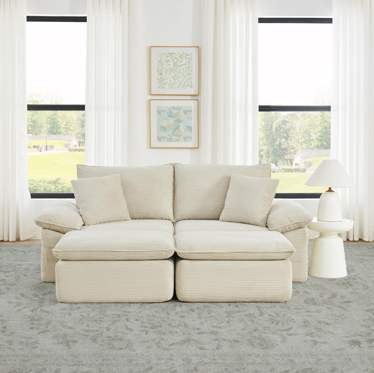 2-SITZER sofa 156/206/65 cm beige aus Stoff mit Fußstütze und Seitentaschen - Beige, Textil (206/65/156cm) - OKWISH