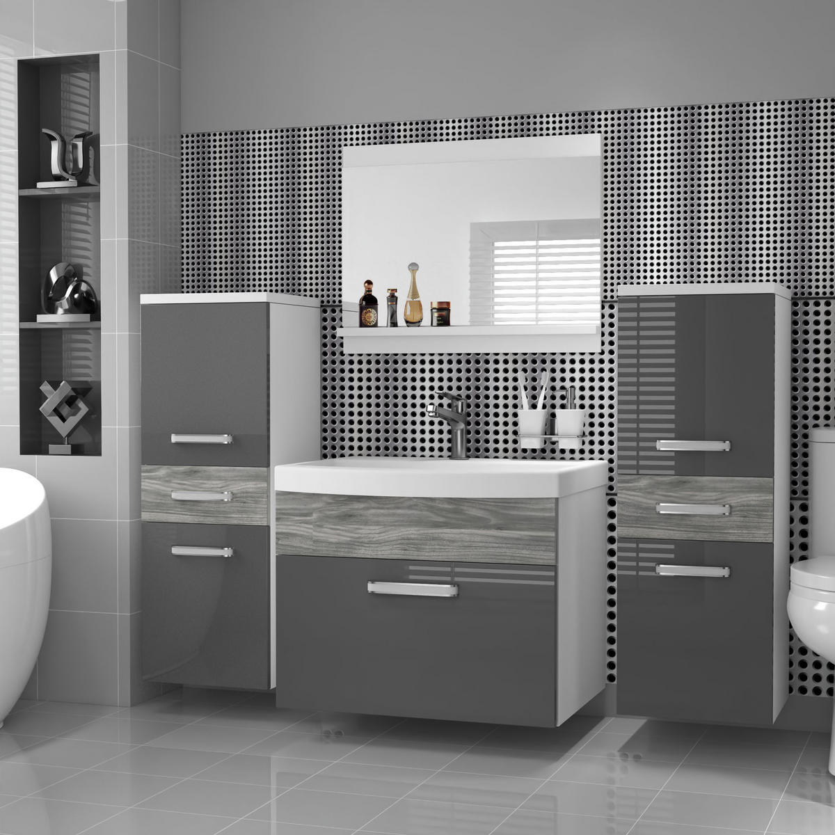 BADMÖBEL Badezimmer SET PRI PM4, Grau Glamour Hochglanz, 120 cm - Grau, Holz (38.7/113.5/120cm) - B BELINI GROUP