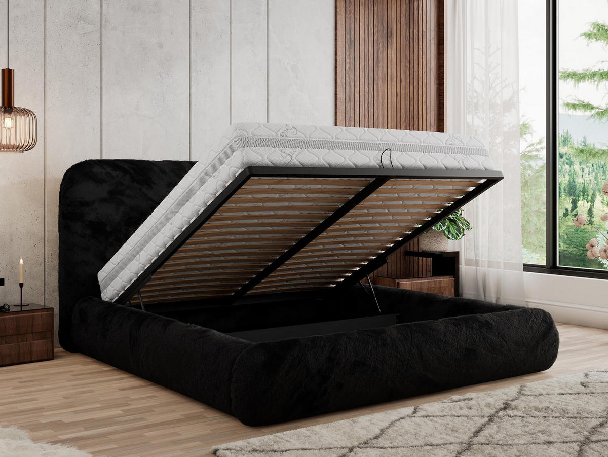 POLSTERBETT BENEA CLASSIC 180/200 - Schwarz Plüsch - Pocket-Matratze - Schwarz, Textil (180/200cm) - MKS
