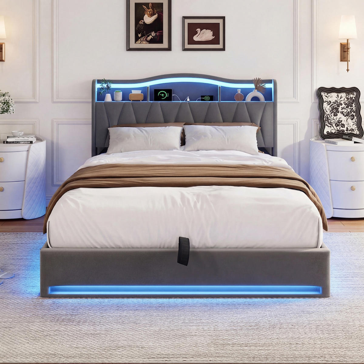 POLSTERBETT 160/200 aus Samt, mit gepolstertem Kopfteil, Bettkasten, LED, USB, Lattenrost, Grau - Grau, Textil (160/200cm) - Waldena