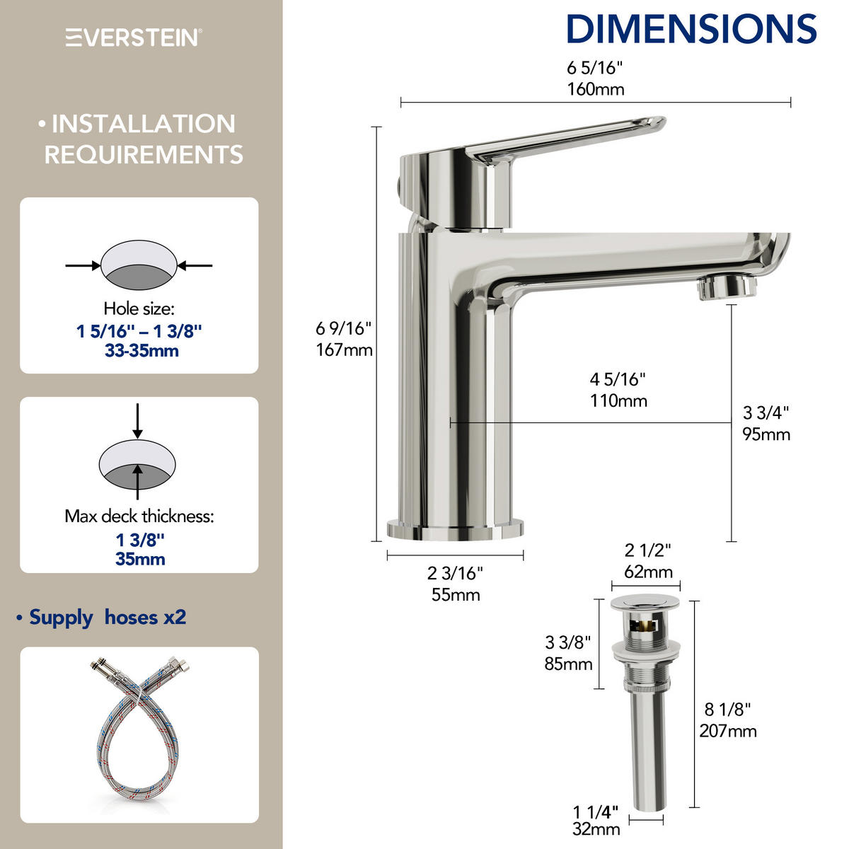 WASCHTISCHARMATUR SFS-1274 Chrom, mit Pop-up, Einhebel, Messing, Perlator, 95 mm Auslaufhöhe, 110 mm Ausladung - Chromfarben, Metall (5.5/16.7/16cm) - Everstein