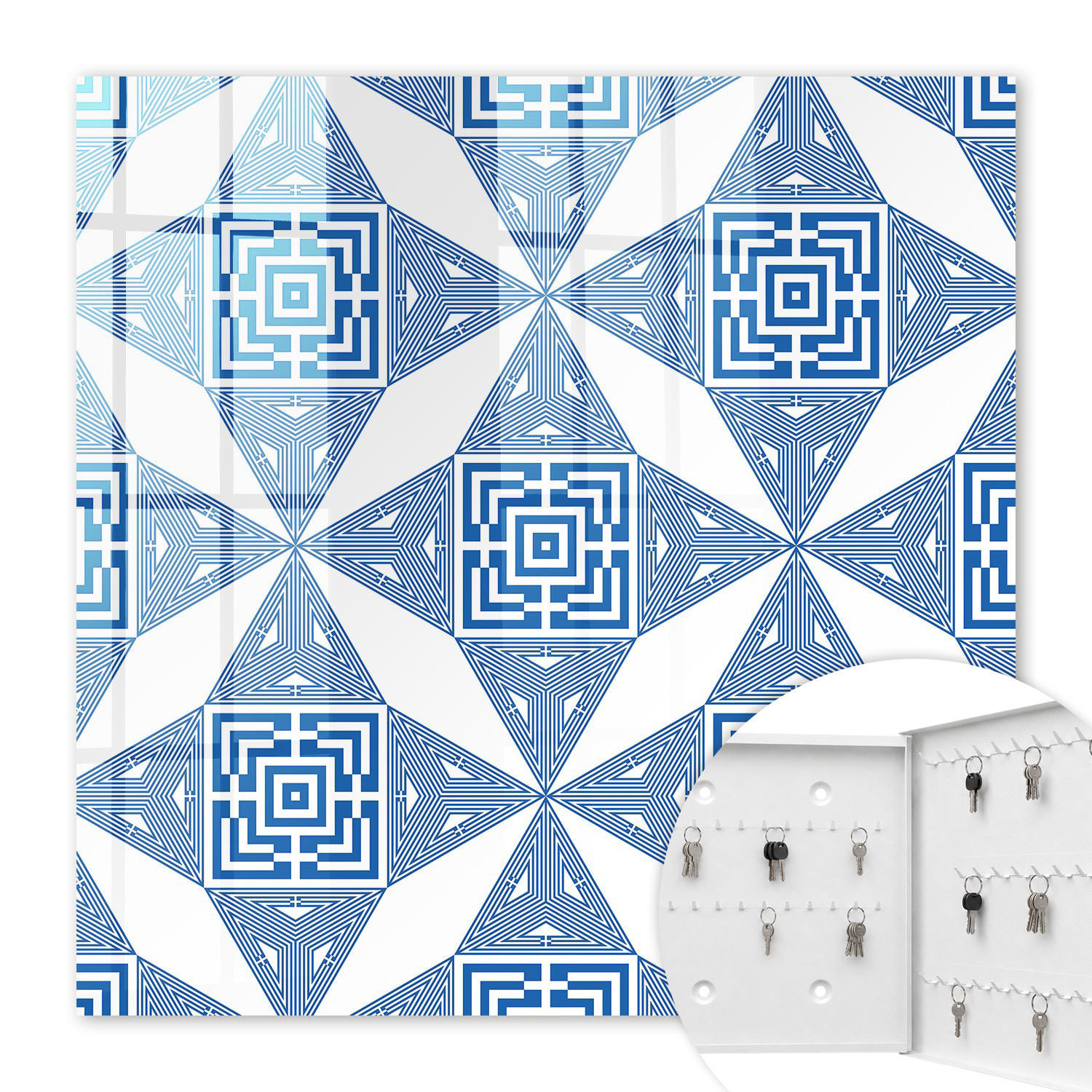 SCHLÜSSELBOX Weiß 30x30 cm – Türöffnung nach rechts - Geometrisches Muster - Blau, Metall (30/30/5cm) - TULUP