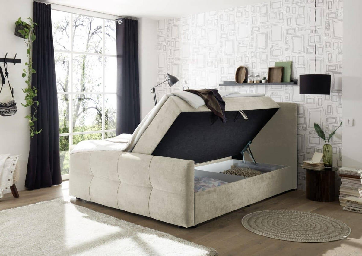 BOXBETT mit 9‑Zonen-Tonnentaschenfederkern-Matratze, HR-30-Topper, Bettkasten - Sandfarben/Beige, Holz/Kunststoff (160/200cm) - ed exciting design