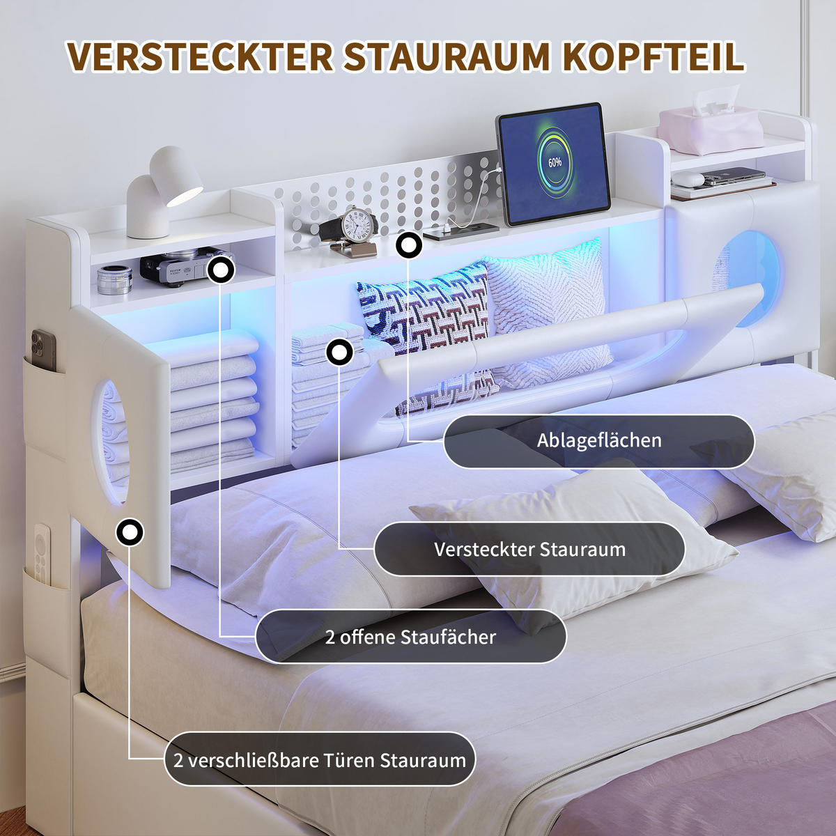 POLSTERBETT 140/200 cm Weiß mit hydraulischem Stauraum, LED-Kopfteil mit Ablage und USB-Anschluss - Weiß, Metall (140/200cm) - EuroLiving