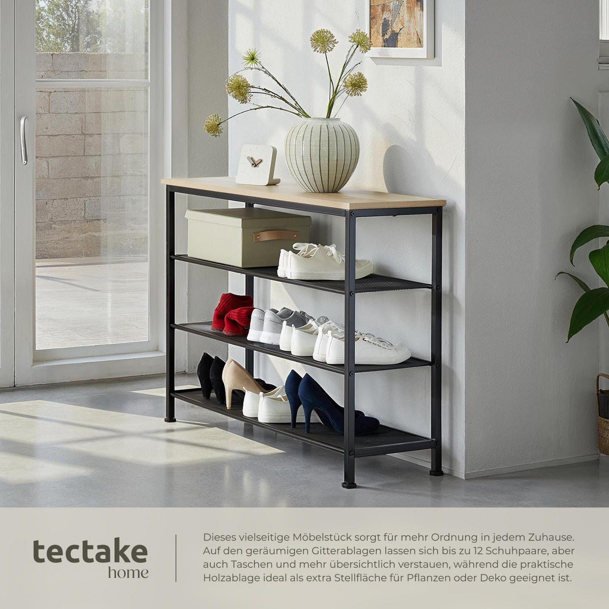SCHUHREGAL Portsmouth,100 x 30,5 x 72,5 cm,Industrial Holz hell, Eiche Sonoma - Naturfarben, Metall (30.5/72.5/100cm) - tectake