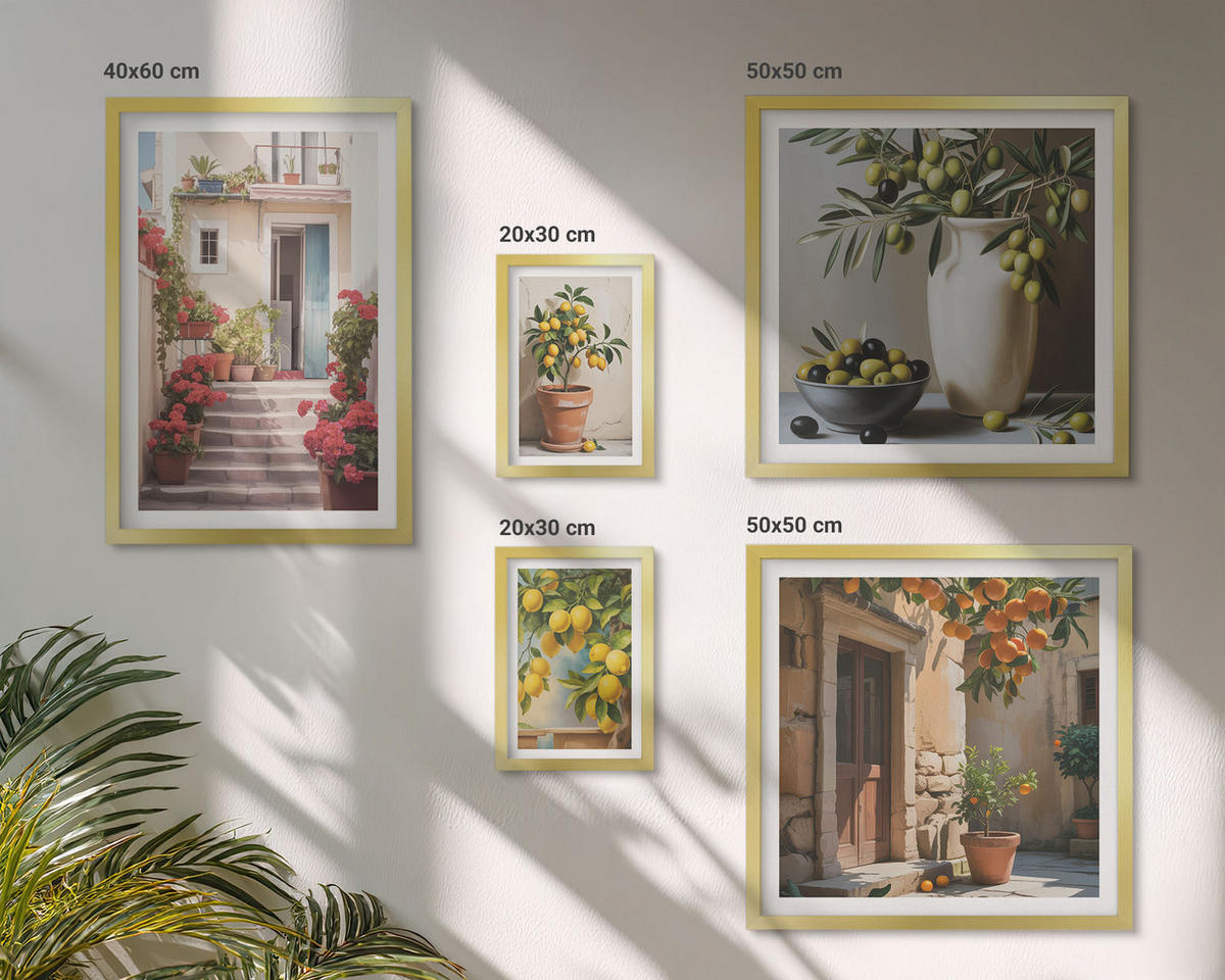 WANDBILDER 5er Set - 50x50 cm & 20x30 cm & 40x60 cm Goldrahmen - Italienische Zitrus-Modeplakate - Goldfarben, Kunststoff (40/60cm) - ArtPrintCave