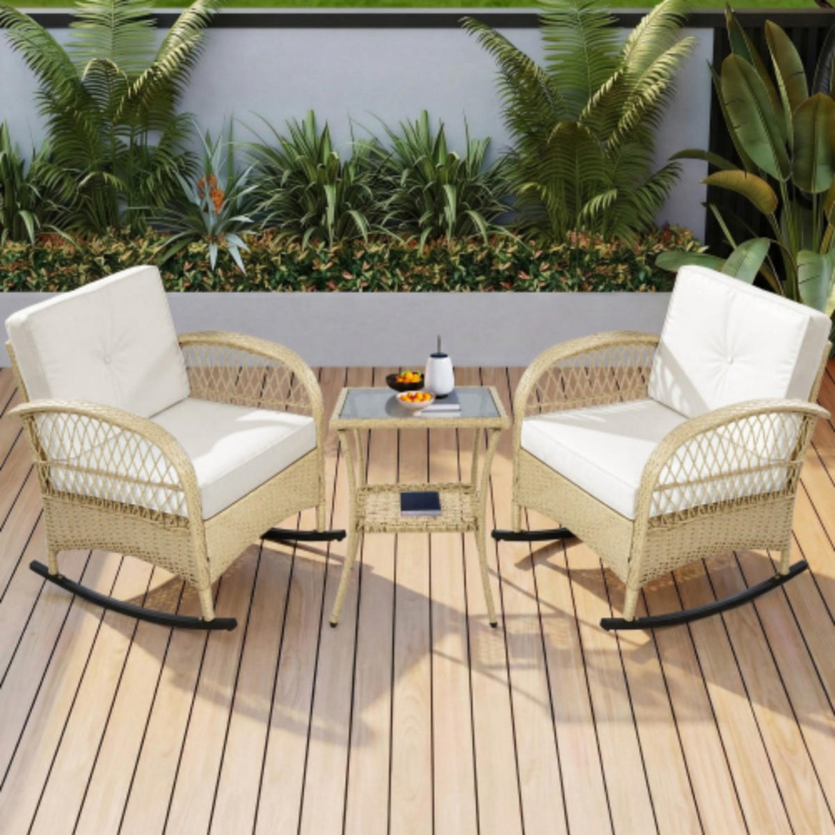 BALKONSET 3-tlg,BISTRO SET,PE-Rattan Schaukelstuhl,für 2 Personen,Weiß - Weiß, Metall - LVHOM