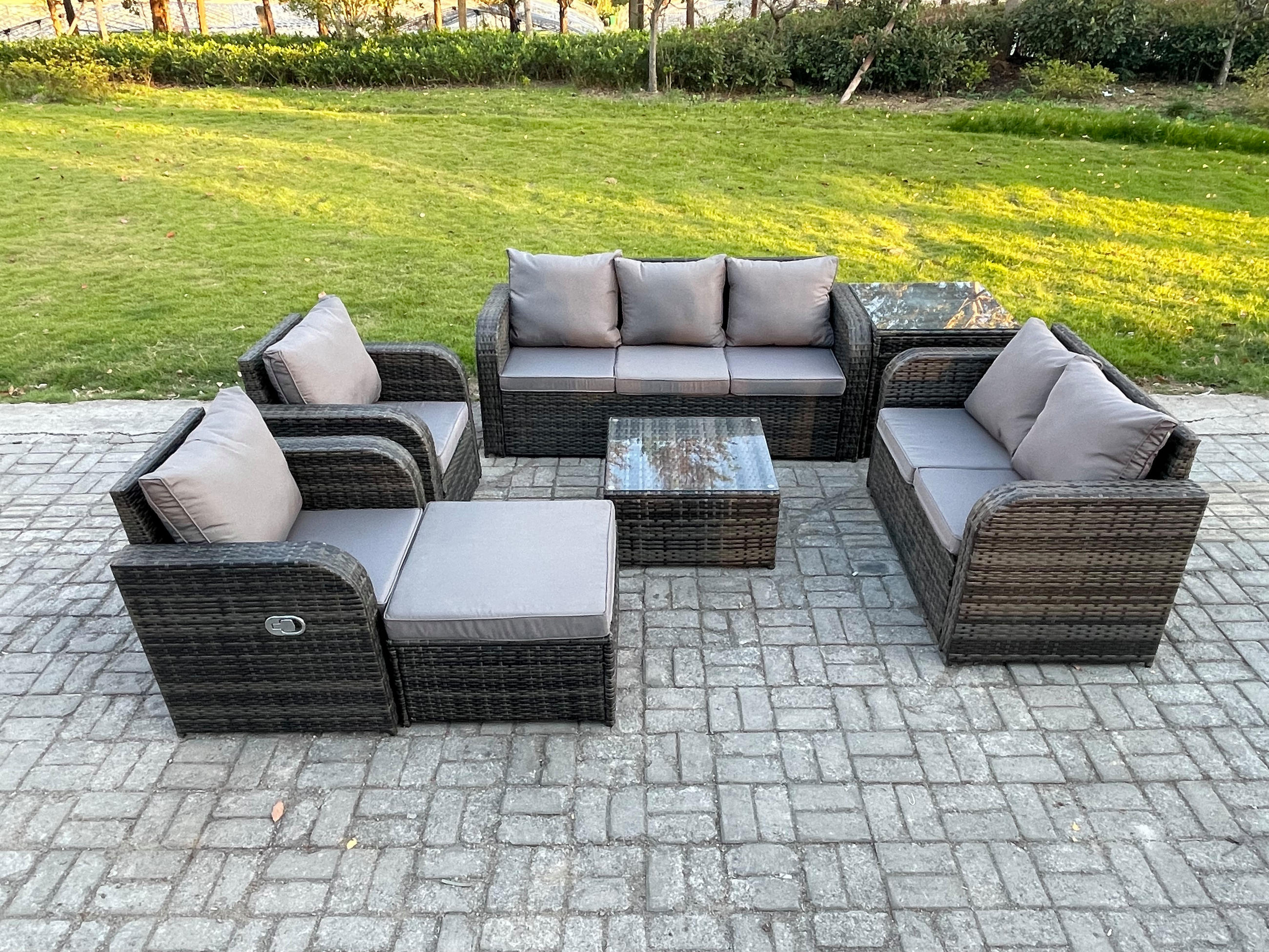 GARTENSOFA SET mit Couchtisch Polyrattan Dunkelgrau 7-teilige - Dunkelgrau/Grau, Glas/Kunststoff - Fimous