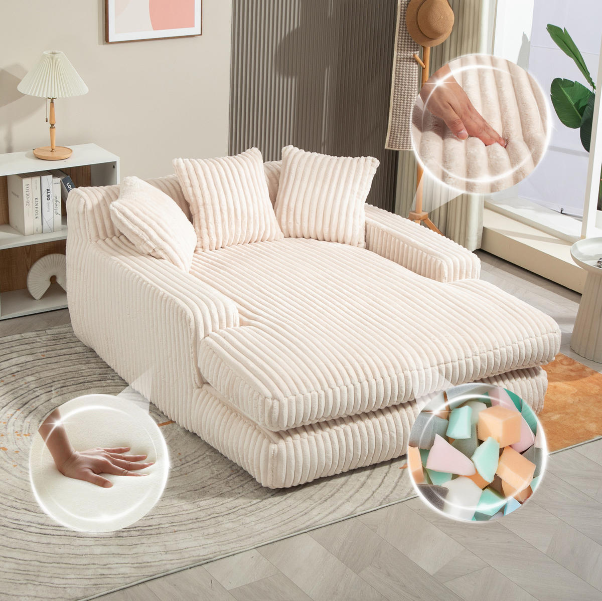 BIGSOFA Chaiselongue Cord mit 3 Kissen 125/155/63 cm Beige - Beige, Textil (63/125/155cm) - Redom