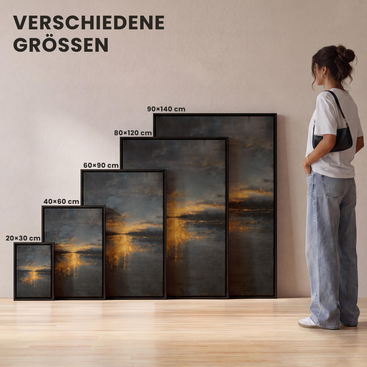 LEINWAND Bilder mit Rahmen - Goldene Reflexion auf dem Wasser - 100x150 - Anthrazit, Textil (100/150cm) - MuchoWow