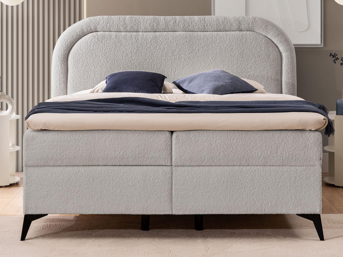 BOXBETT Sonna 160/200 cm Hellgrau Bouclé-Stoff mit abgerundetem Kopfteil und mit schwarzen Metallfüße - Hellgrau/Schwarz, Holz/Textil (160/200cm) - S-Style Möbel