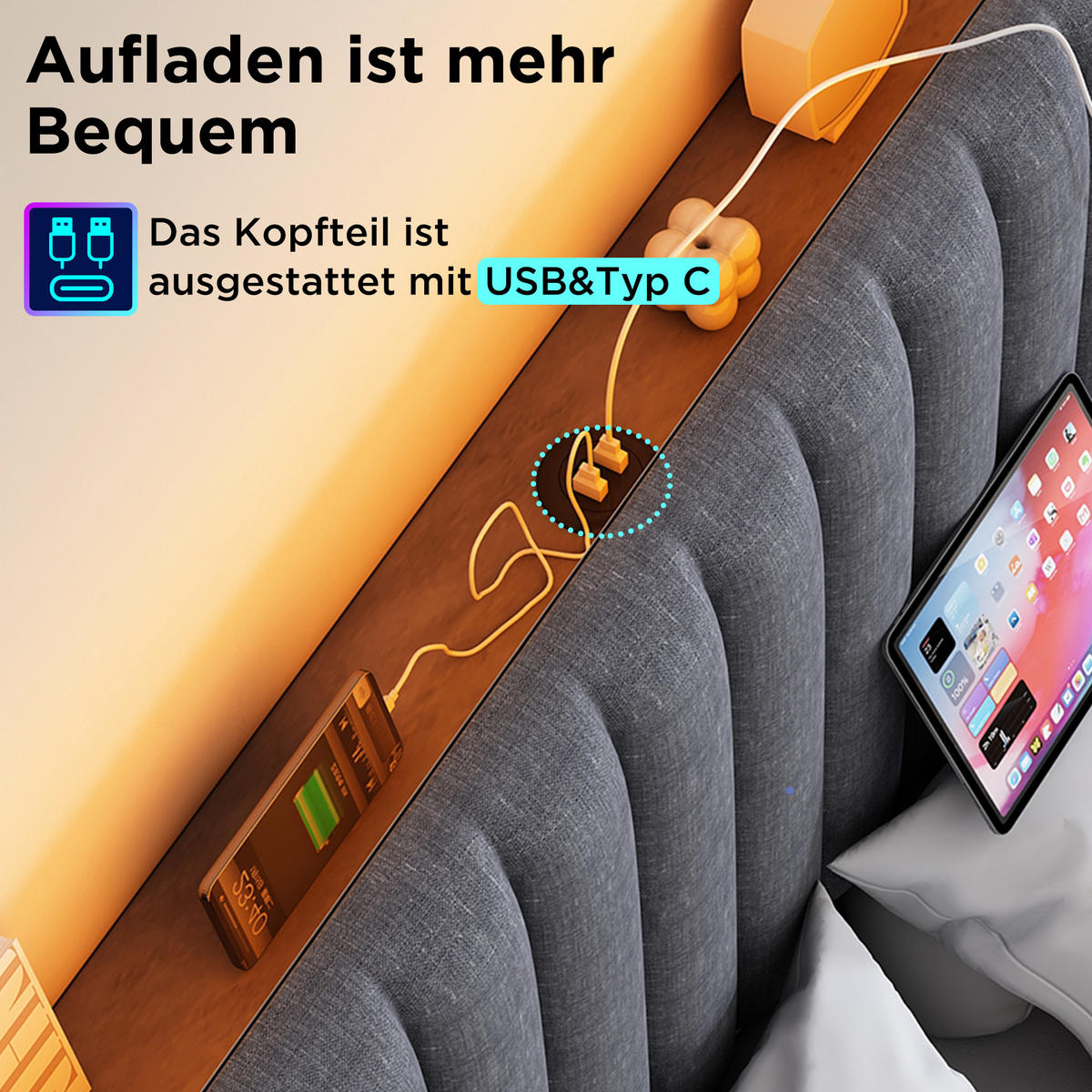 POLSTERBETT 160/200 cm in Grau Leinen mit Bettkasten, LED und USB - Grau, Holzwerkstoff/Textil (160/200cm) - WISHDOR