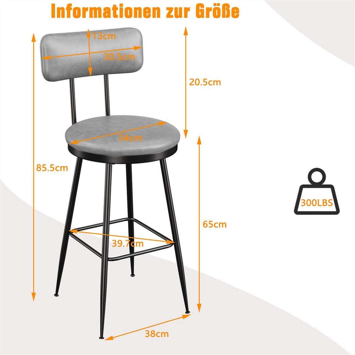 BARHOCKER 2er-Set mit Rückenlehne aus PU-Leder - Barhocker mit Fußstütze für Küche, Bar und Bistro - Grau - Grau, Textil (34/85.5/39.7cm) - DELFA
