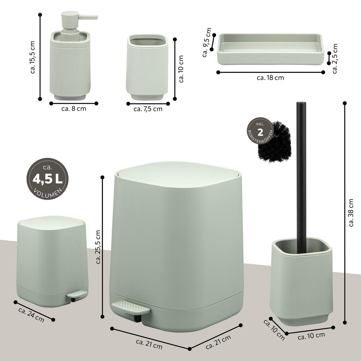 BAD-ACCESSOIRES-SET VALONA 5tlg., salbei, Kunststoff - Salbeigrün, Kunststoff (21/25.5/21cm) - eluno