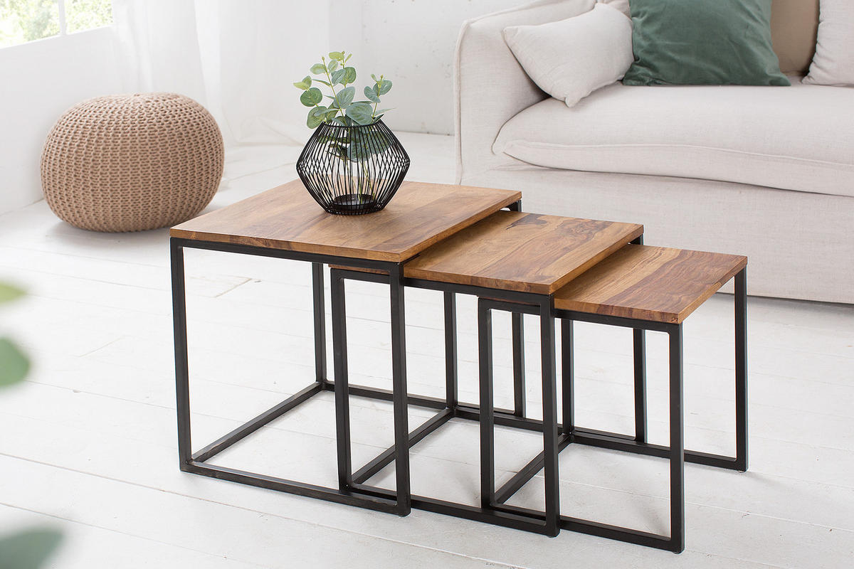BEISTELLTISCH ELEMENTS Sheesham Natur 40 cm 3er Set - Schwarz/Naturfarben, Holz/Metall (40/40/42cm) - riess-ambiente