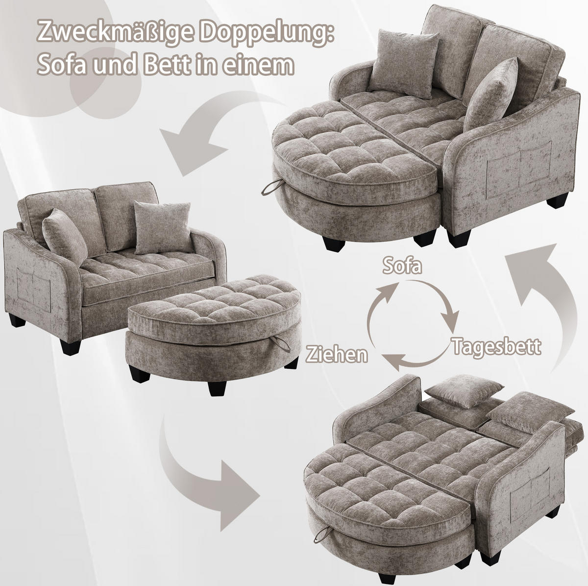 SOFA-BETT 132/129/93 cm aus Eukalyptusholz mit Aufbewahrungshocker Braun - Braun, Holz (129/93/132cm) - Modenvie