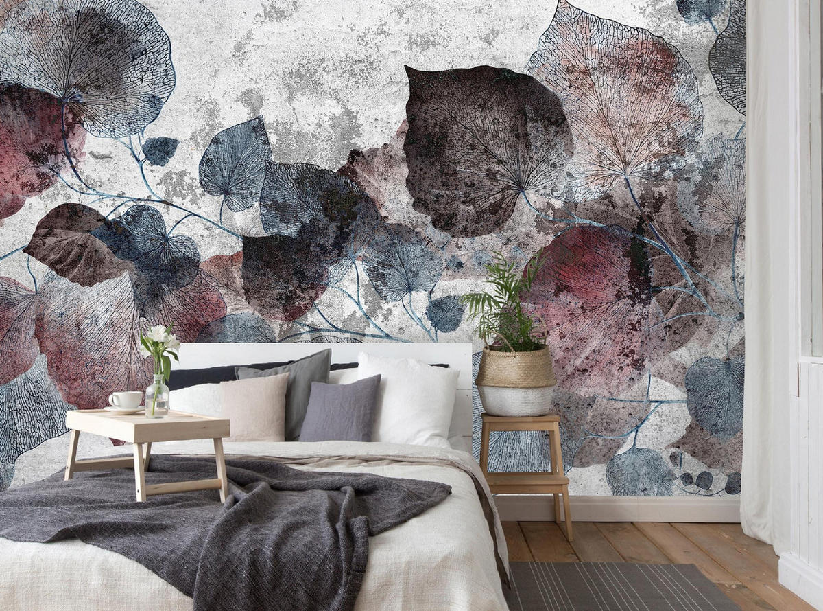 FOTOTAPETE Blätter Beton Grau 200x140 cm - Multicolor, Papier (200/140cm) - Wallarena