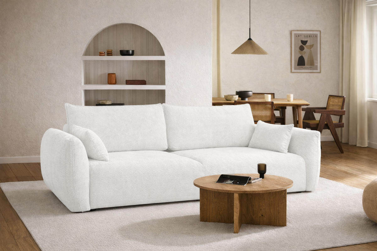 SOFA Mit Schlaffunktion Und Bettkasten, Chenille-Stoff Flow, Ecru, Zephira - Ecru, Holz (238/87/140cm) - Kaiser Möbel