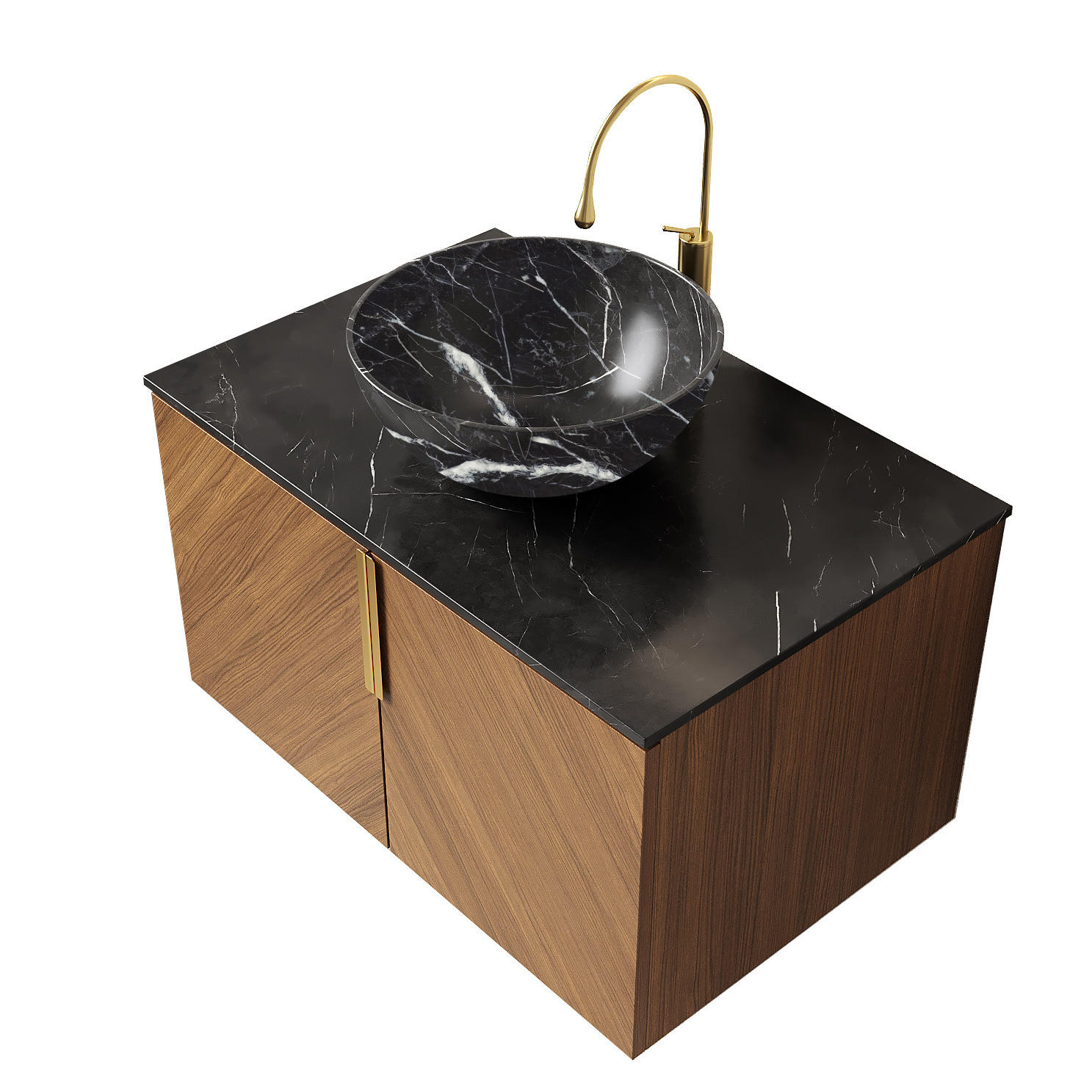 WANDMONTIERTER Badezimmer-Waschtisch aus Keramik und Sinterstein 76x50x55 cm, Schwarz/Braun Eiche, mit 2 Türen und Soft-Close-System - Schwarz, Keramik (76/55.1/50cm) - Modfu