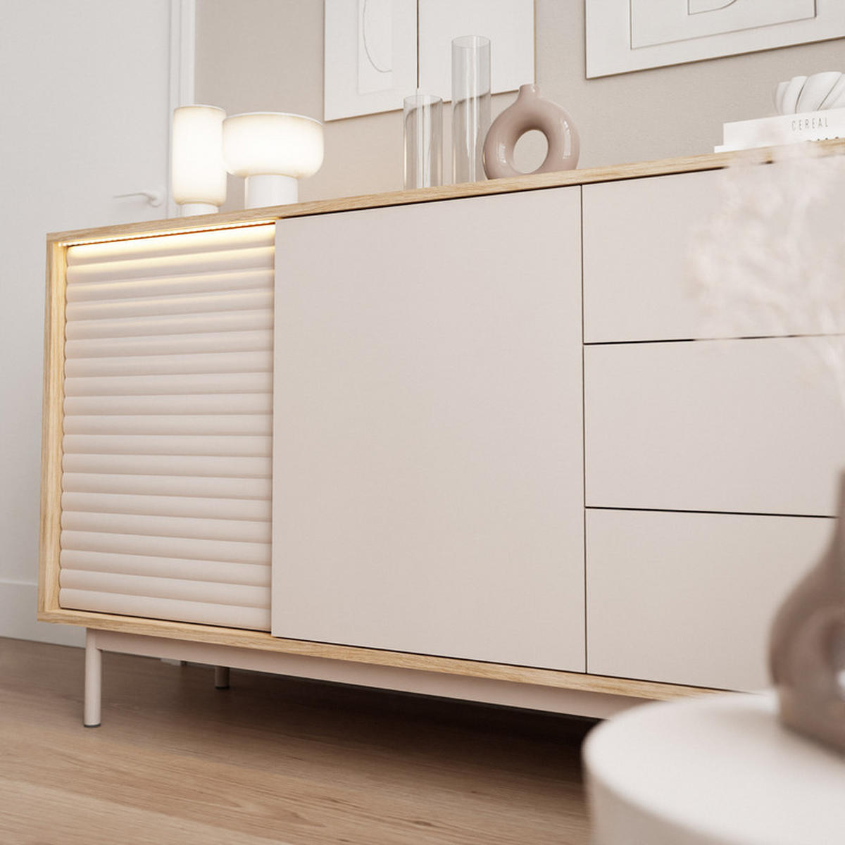 KOMMODE LUSSO 140 cm, 4 Schublade(n) Eiche / Kaschmir - Eichefarben, Holzwerkstoff (140/77/40cm) - Idohome