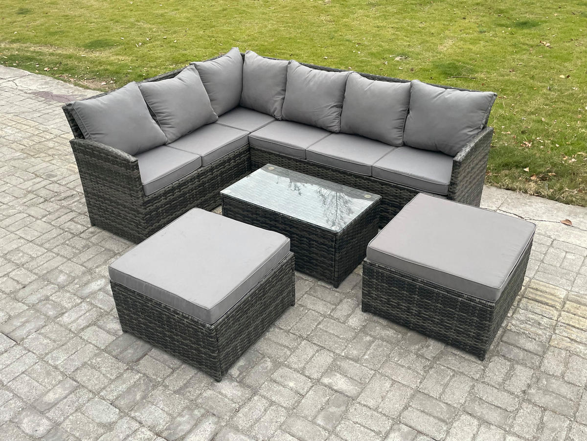 GARTENSET mit Couchtisch, Fußhocker Polyrattan Dunkelgrau 8-Sitzer - Dunkelgrau/Grau, Glas/Kunststoff - Fimous