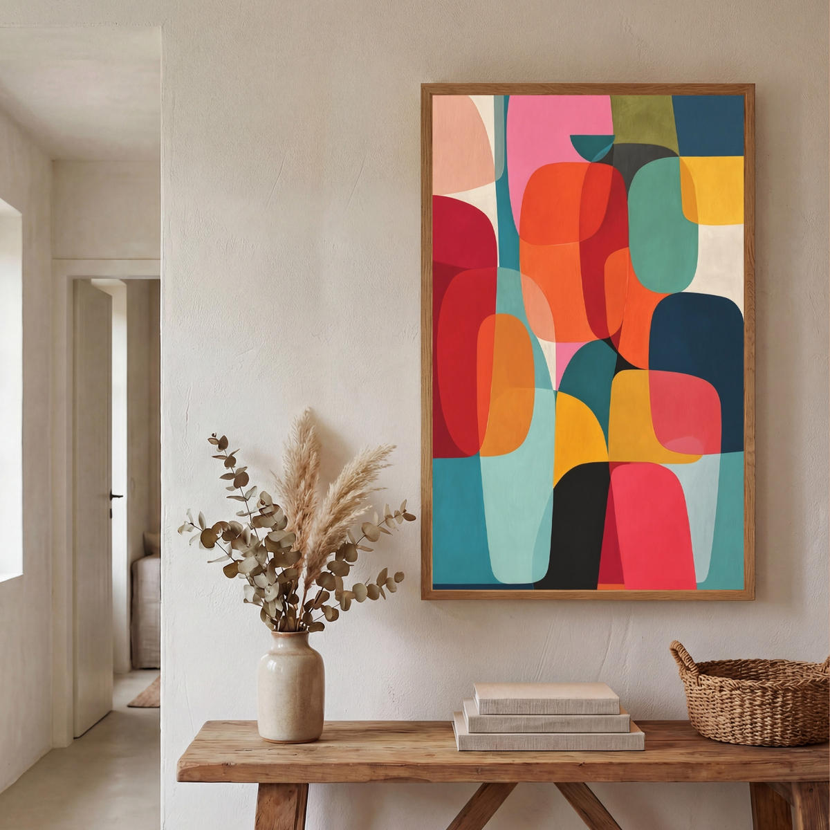 NÁSTĚNNÁ LAMPA S AKUMULÁTOREM Tvary - barevné - abstraktní - letadla 60x90 cm - různobarevná, kompozitní dřevo (60/90/8cm) - OnlyWow