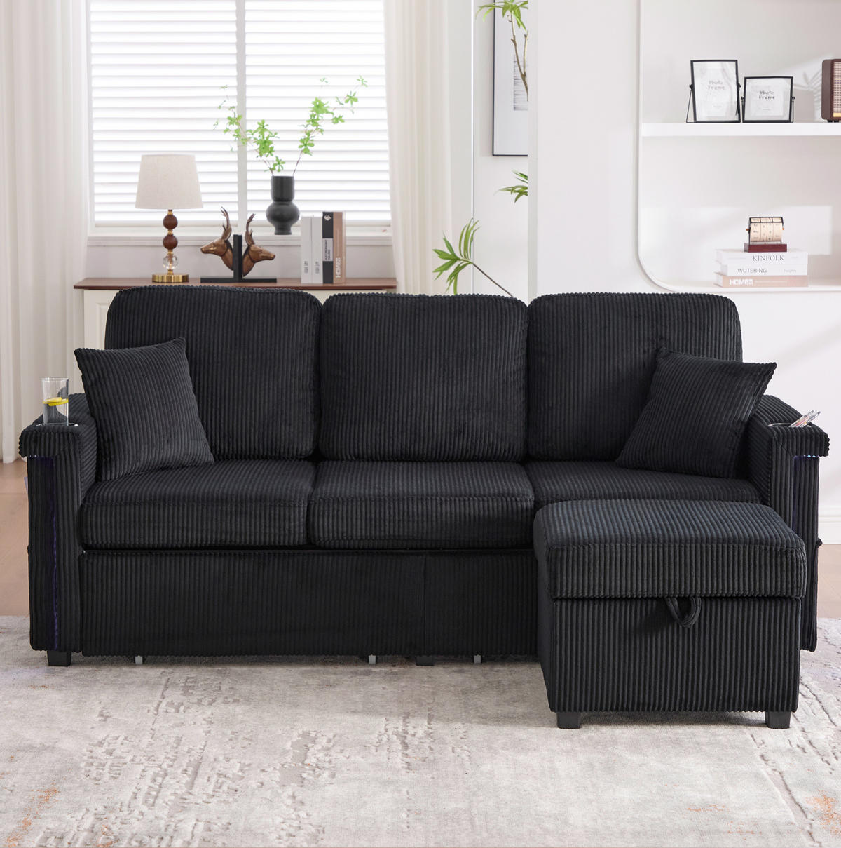 ECKSOFA Corduroy mit LED und USB-Anschluss Stauraum-Schubladen 194/73/81 cm Schwarz - Schwarz, Textil (73/194cm) - Redom