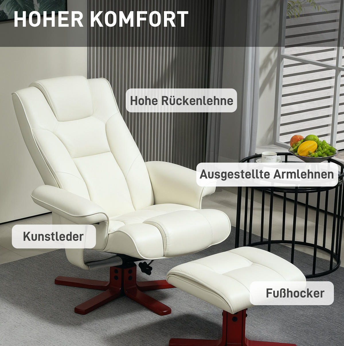 RELAXSESSEL mit Hocker 84/84/104 cm in Cremeweiß mit Liege- und Schaukelfunktion - Creme, Leder (84/104/84cm) - BEAOK