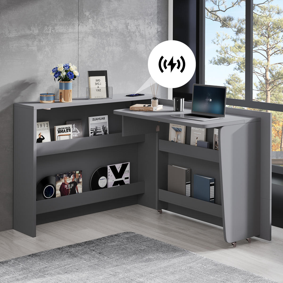 SCHREIBTISCH Klappbarer 115/27/93 cm in mattem Grau mit Rollen und Wireless Charger - Grau, Holzwerkstoff (115/27/93cm) - OKWISH