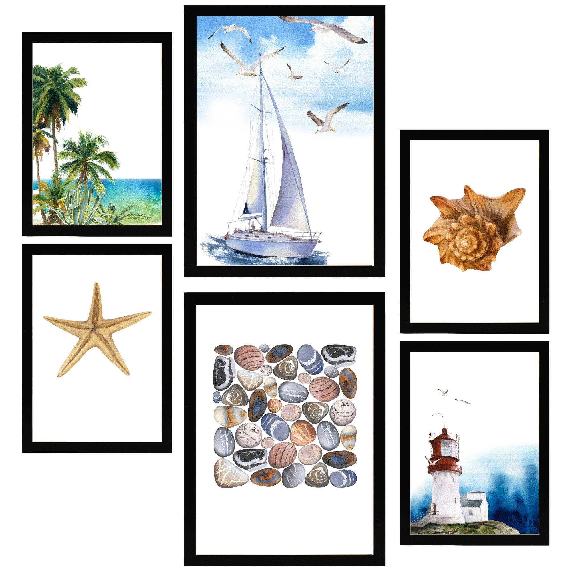 POSTER Set Mit 6 Dekoratives, Blatt Mit Marineblauer A3 & A4 Schwarzer Rahmen - Schwarz, Papier (29/3cm) - Nacnic