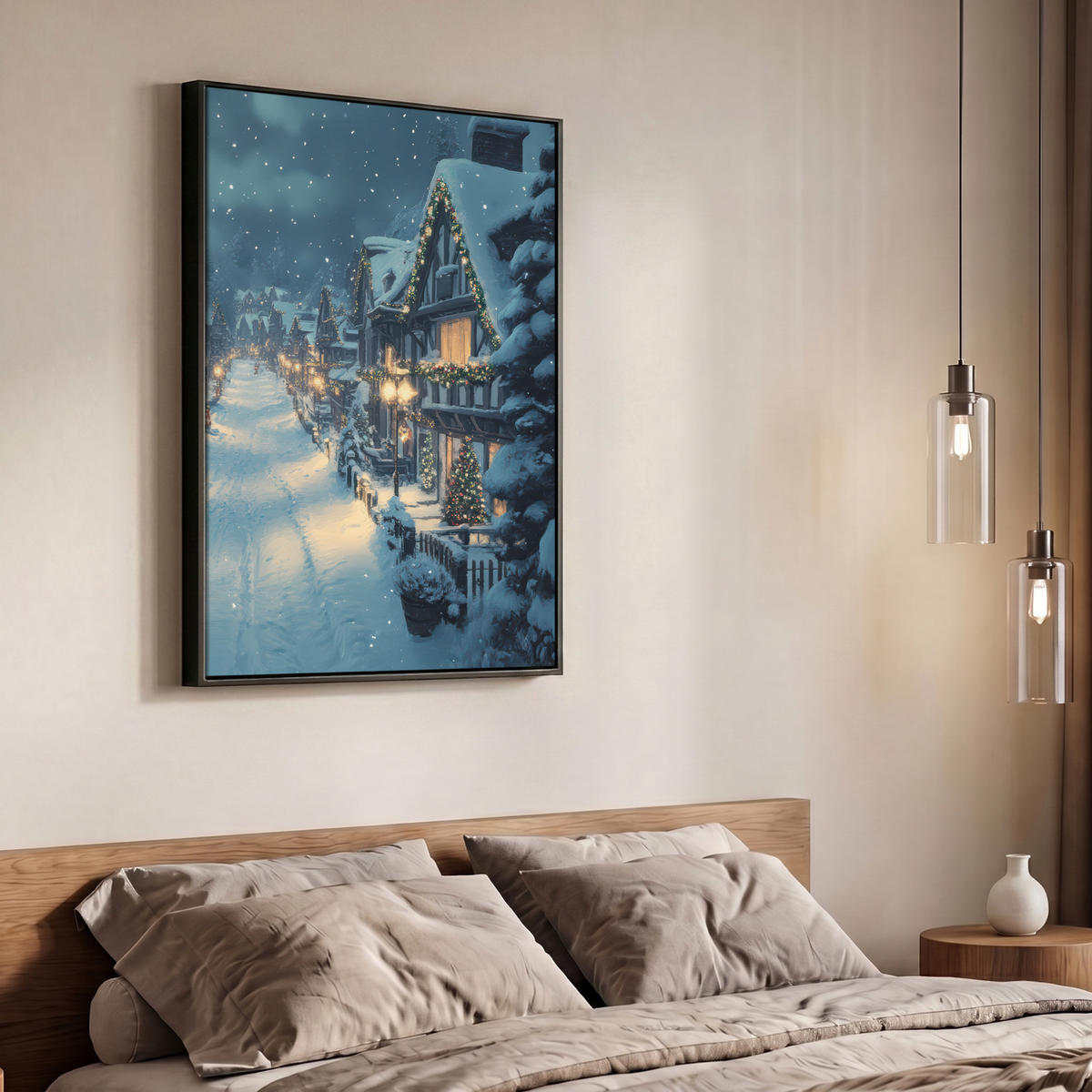 LEINWAND Bilder mit Rahmen - Weihnachtsdorf - Weihnachten - Schnee - Winter - 70x100 - Dunkelblau, Textil (70/100cm) - MuchoWow