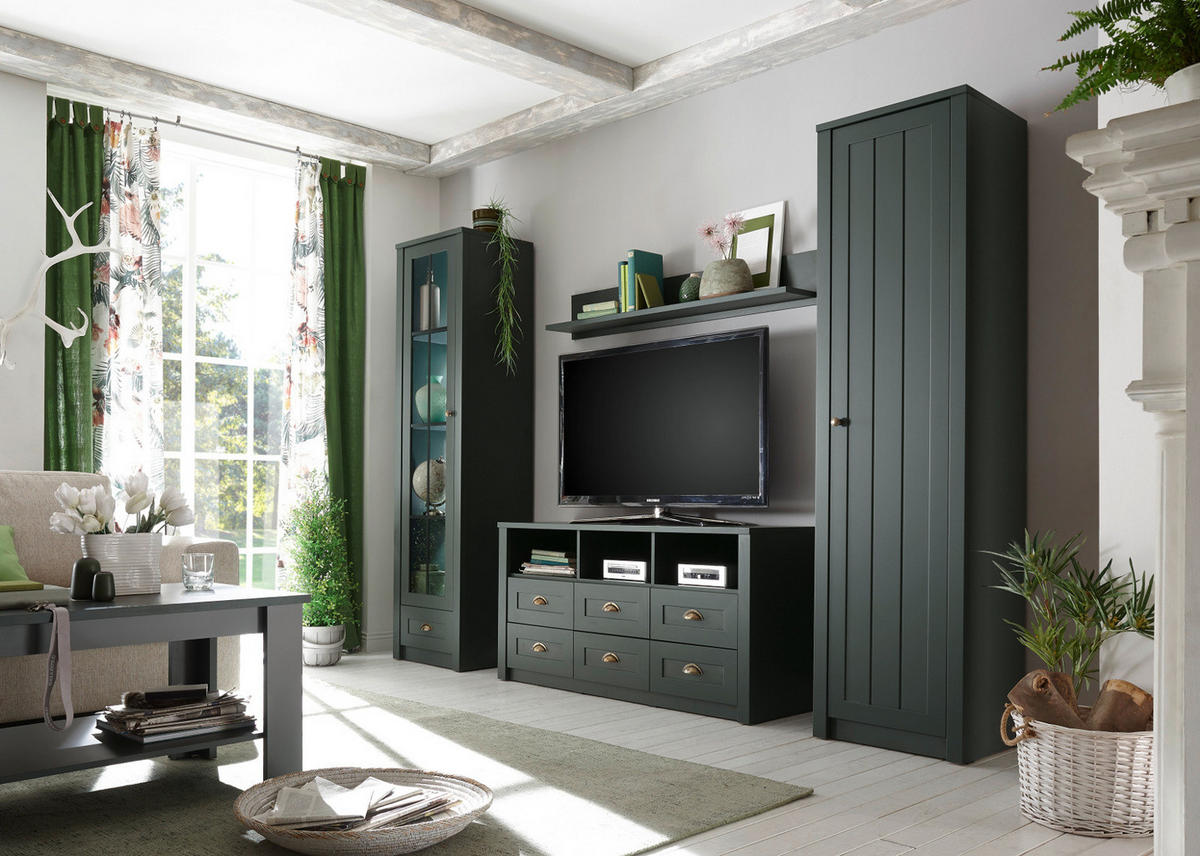 WOHNWAND grün 4-teilig 270 cm Landhaus, Wohnkombination mit viel Stauraum - Chromfarben/Schwarz, Glas/Holzwerkstoff (270/198/43cm) - Furn.Design