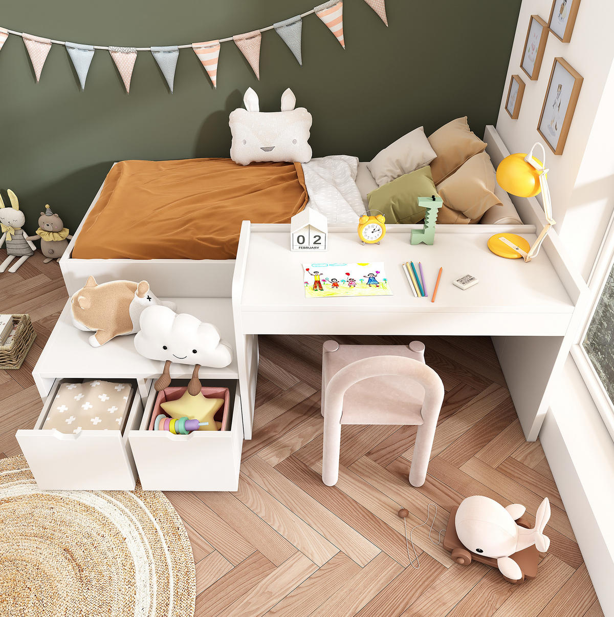 KINDERBETT 90/200 cm Weiß Multifunktionales Bett mit Schreibtisch und Stauraum - Weiß, Holzwerkstoff (90/200cm) - OKWISH