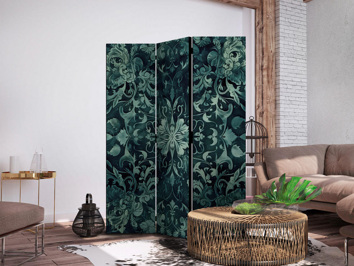 PARAVENT Einseitig Bedruckter 3-tlg 135x172 cm Smaragdgr ne Ornamente - Grün, Holz/Textil (135/172/3cm) - Muralo