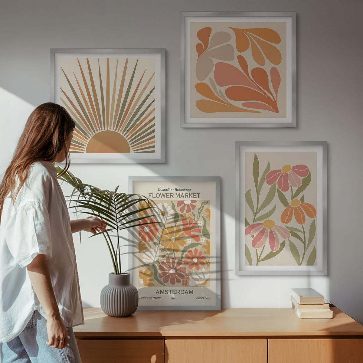 BILDER SET 4er Set - 50x50 cm & 40x60 cm Silberner Rahmen - Pastellfarbene Sonnenblumen - Silberfarben, Kunststoff (50/50cm) - TULUP