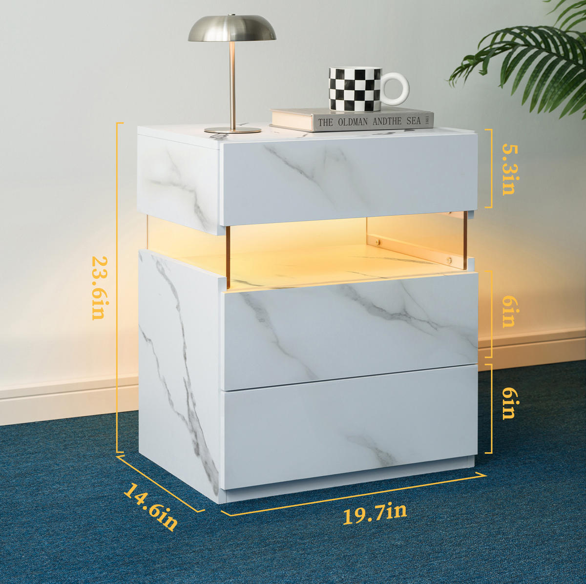 NACHTKOMMODE 48/38/61 cm weiß aus Holzwerkstoff mit LED-Beleuchtung und 3 Schubladen - Weiß, Holzwerkstoff (38/61/48cm) - OKWISH