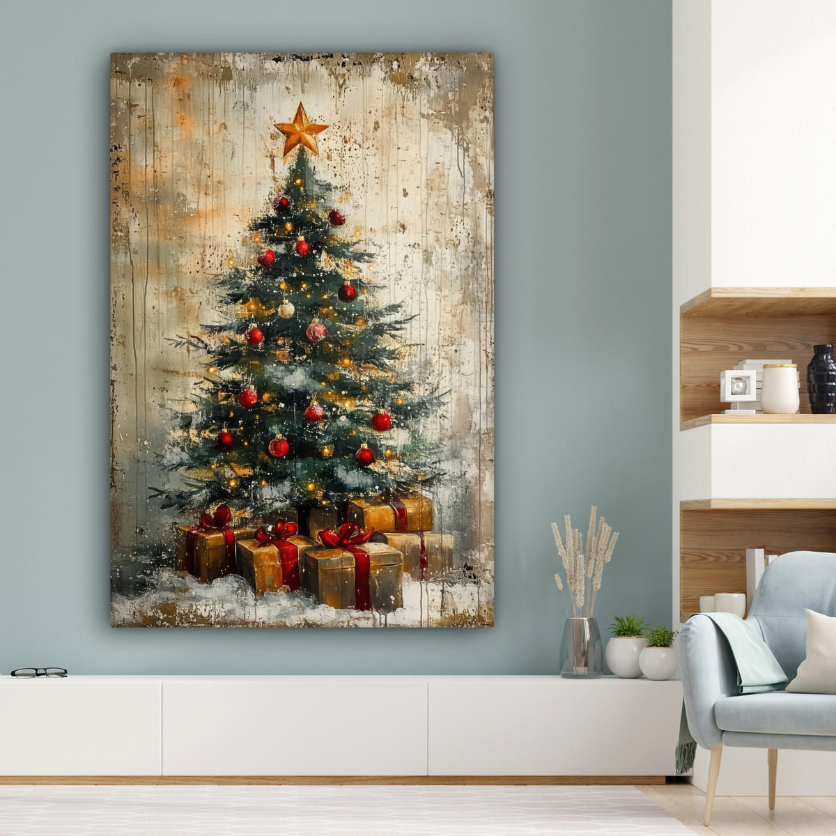 OBRAZ NA PLÁTNĚ Vánoční stromek - Vintage - Vánoce - Dárek 90x140 cm - rezavá, textil (90/140cm) - MuchoWow