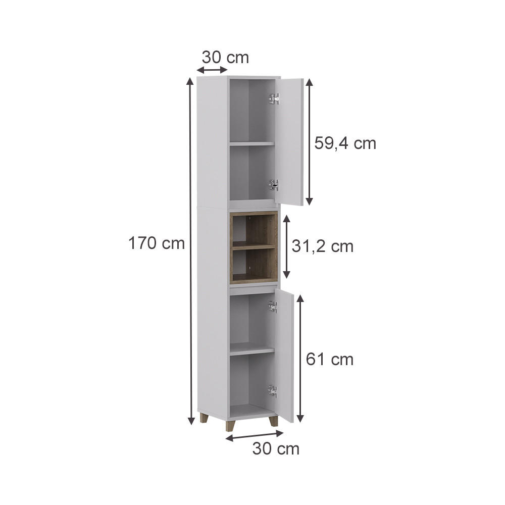 HOCHSCHRANK Elnor Weiß/Eiche 30 x 170 cm mit 2 Türen - Weiß, Holzwerkstoff (30/170/30cm) - Vicco